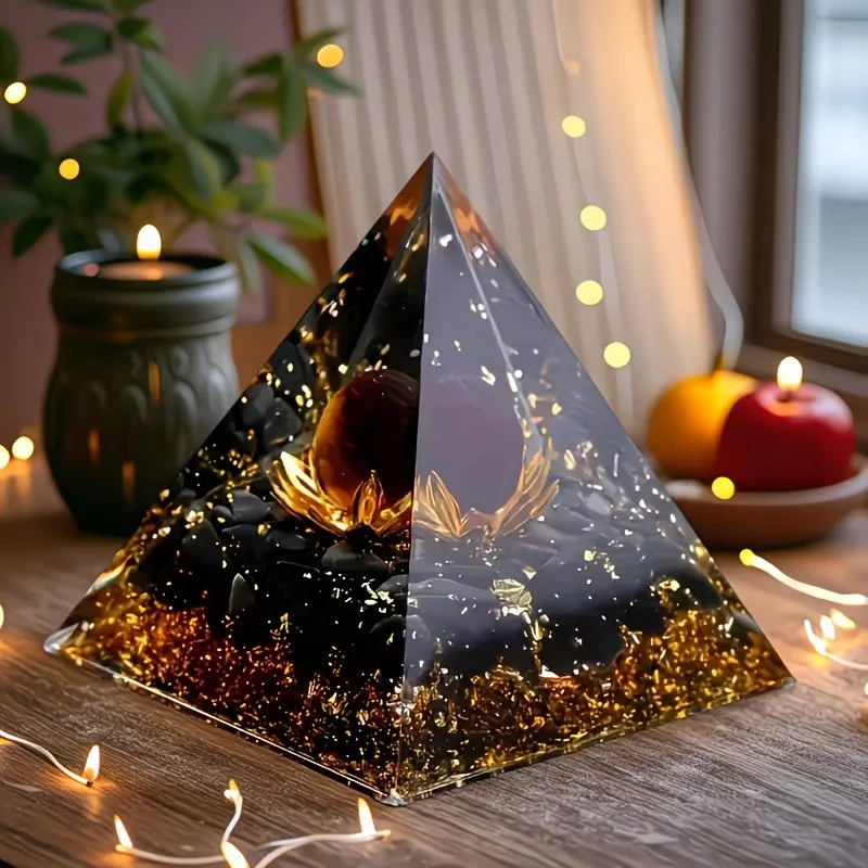 Elegante Juego de Bola y Pirámide de Cristal Ojo de Tigre, Diseño Geométrico Azul Brillante, Decoración para el Hogar con Base Dorada y Negra