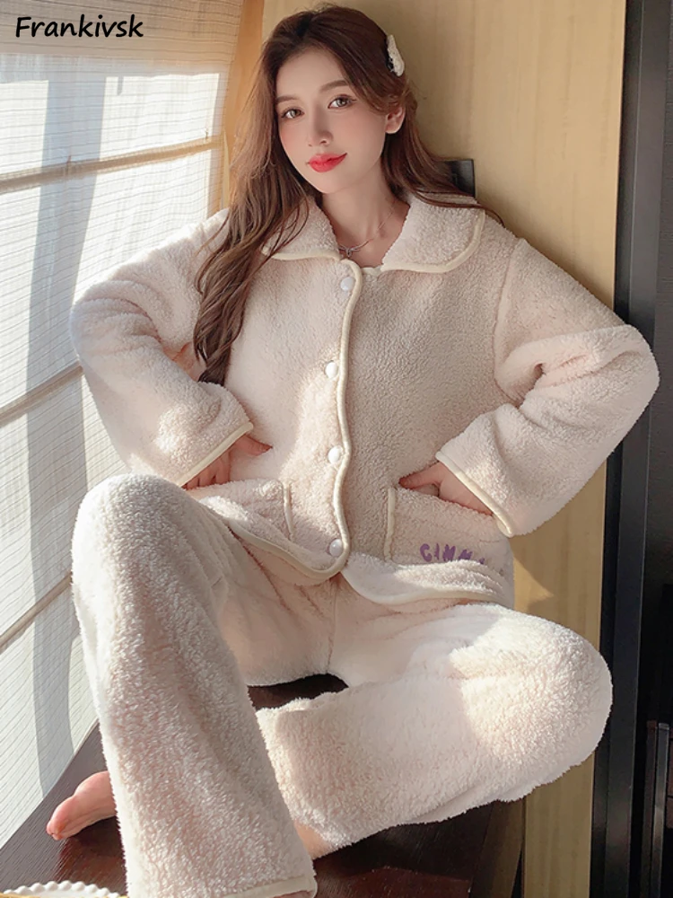 

Winter Pajama Set Women Baggy Korean Style Ins Comfortable Simple Single Breasted College Classic Prevalent Fashion Homewear New