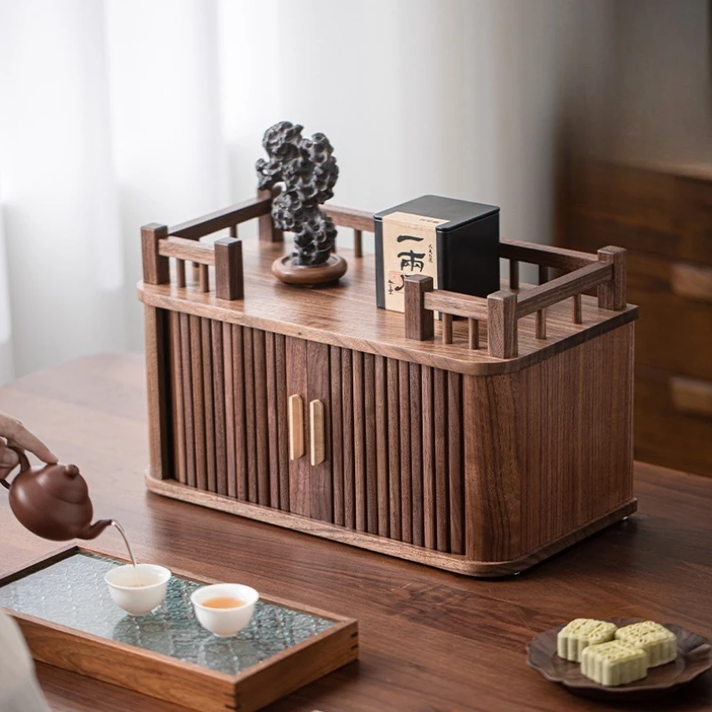 

Black Walnut Wood Desktop Tea Set Storage Rack Solid Wood Chinese Style Bogu Rack Tea Cup Double Layer Kitchen Storage Rack