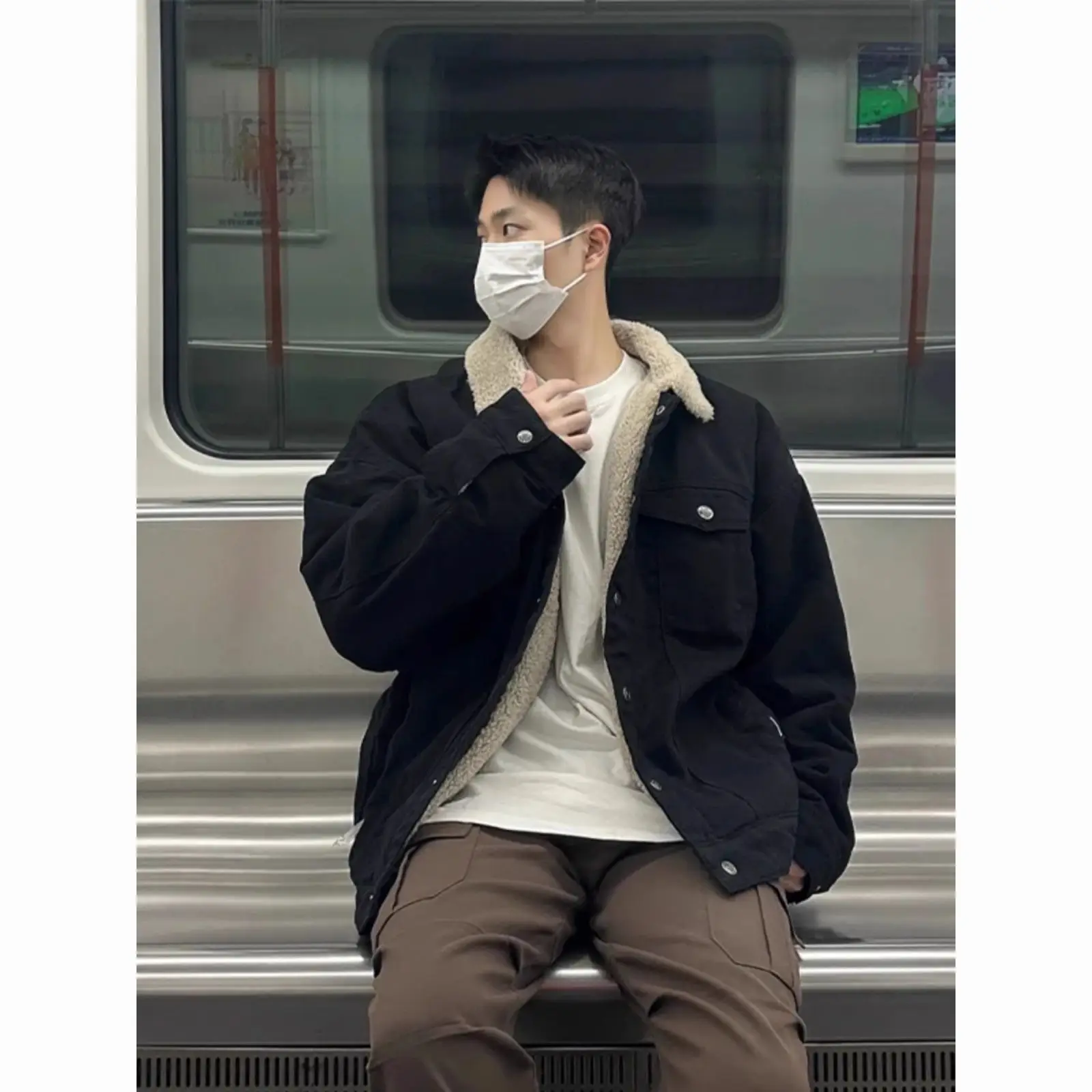 American high street cotton coat men's versatile autumn and winter velvet thickened lamb velvet denim cotton jacket to keep warm