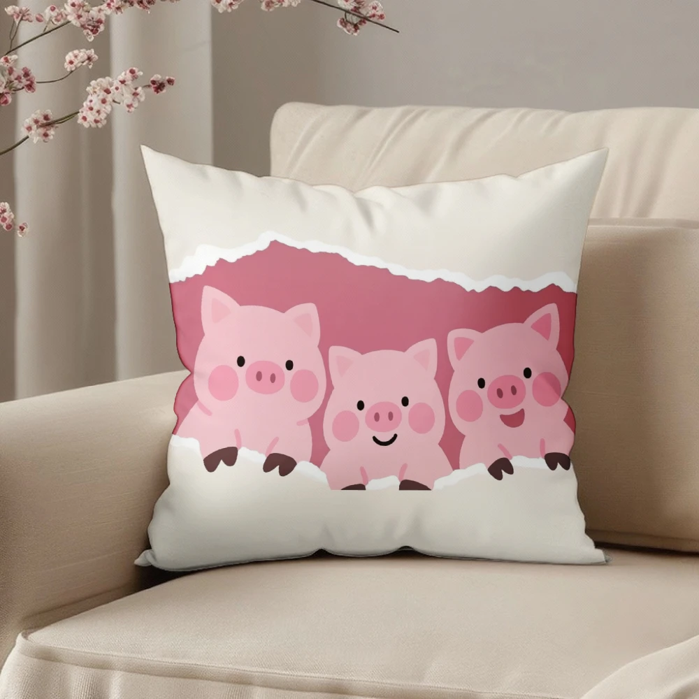 Square Throw Pillow Case Cream White With Three Cute Pink Pigs Cartoon Print For Living Room Sofa Bedroom Home Decor