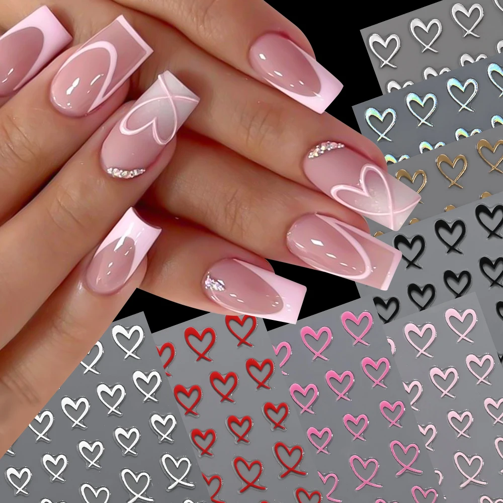 8 pçs 3d amor coração adesivos de unhas rosa branco dia dos namorados oco estrela coração design decalques de unhas auto-adesivo manicure suprimentos