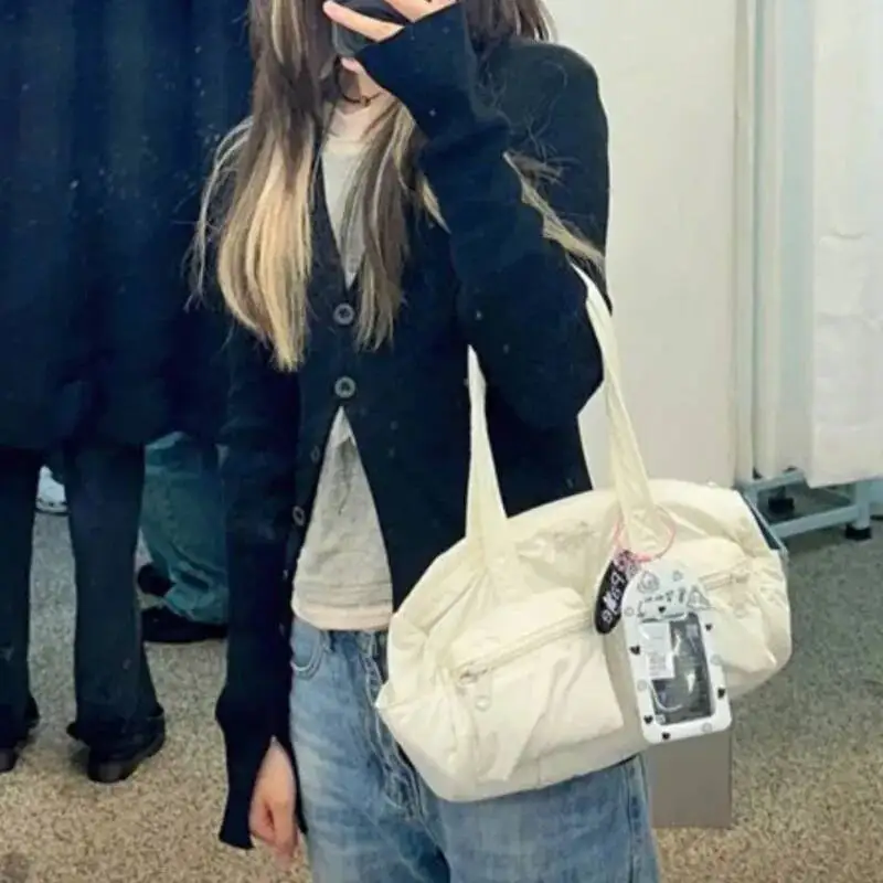 Bloom Haruku Beige Shoulder Bags Women Hot Girls Nylon Pocket Casual Handbag Female Vintage Fashion Y2k Underarm Bag Chic