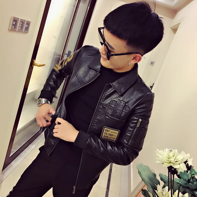 

Slim Fit Men's Motorcycle Jaet Spring Autumn New Sle Embroidered Top Trendy Youth Outerwear Faionable Korean Version