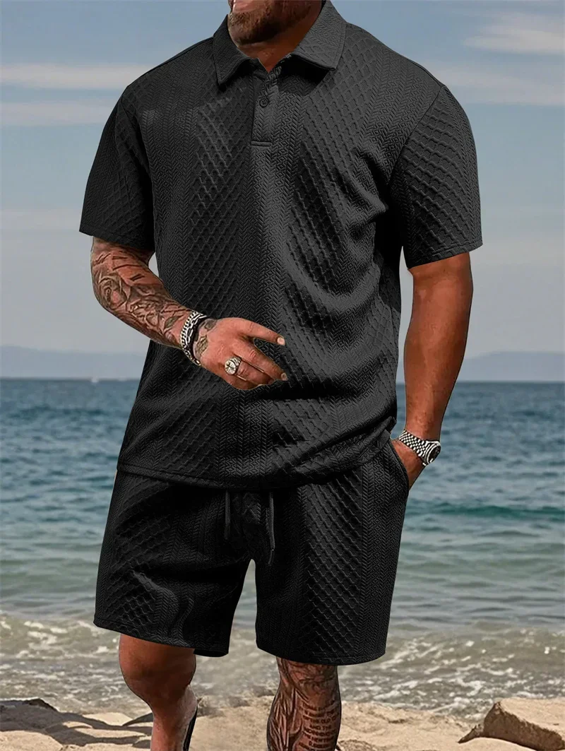 

Summer New Men's Casual Sports Polo Shirt Lapel Men's Short-sleeved Polo Shirt And Shorts Comfortable Jacquard Texture Set