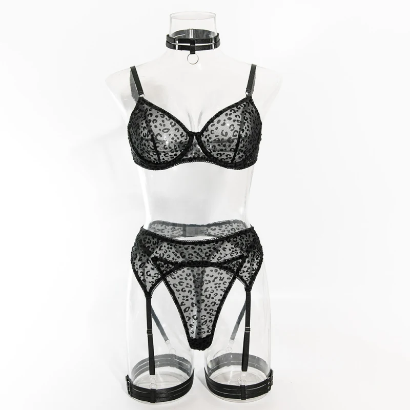 

Bikini leopard print transparent black mesh strap underwire push-up sexy swimsuit set