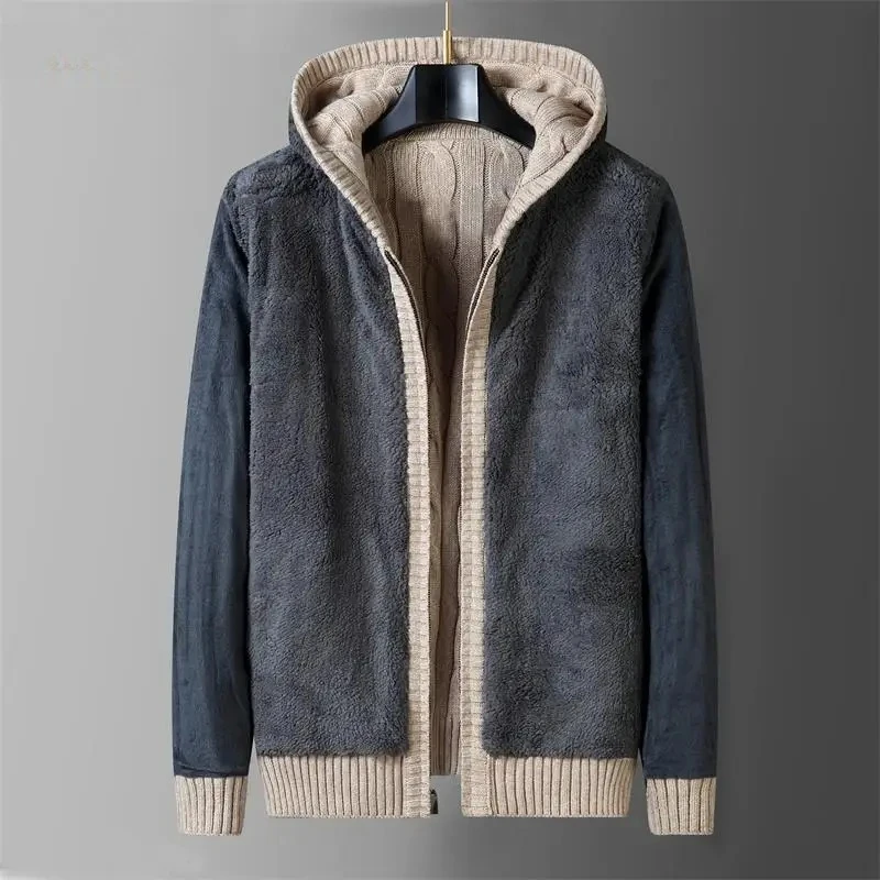 

Knit Winter Sweater Wool Liner Cardigan Knitted Hooded Sweater Men Fleece Warm Black Khaki Knitwear Jackets Coat Clothing
