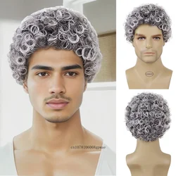 Ombre Jasnoszary Syntetyczny Krótki Afro Kinky Curly Peruki dla Czarnych Mężczyzn Elastyczne Loki Afrykańska Fryzura Codzienna Peruka Cosplay Party Man