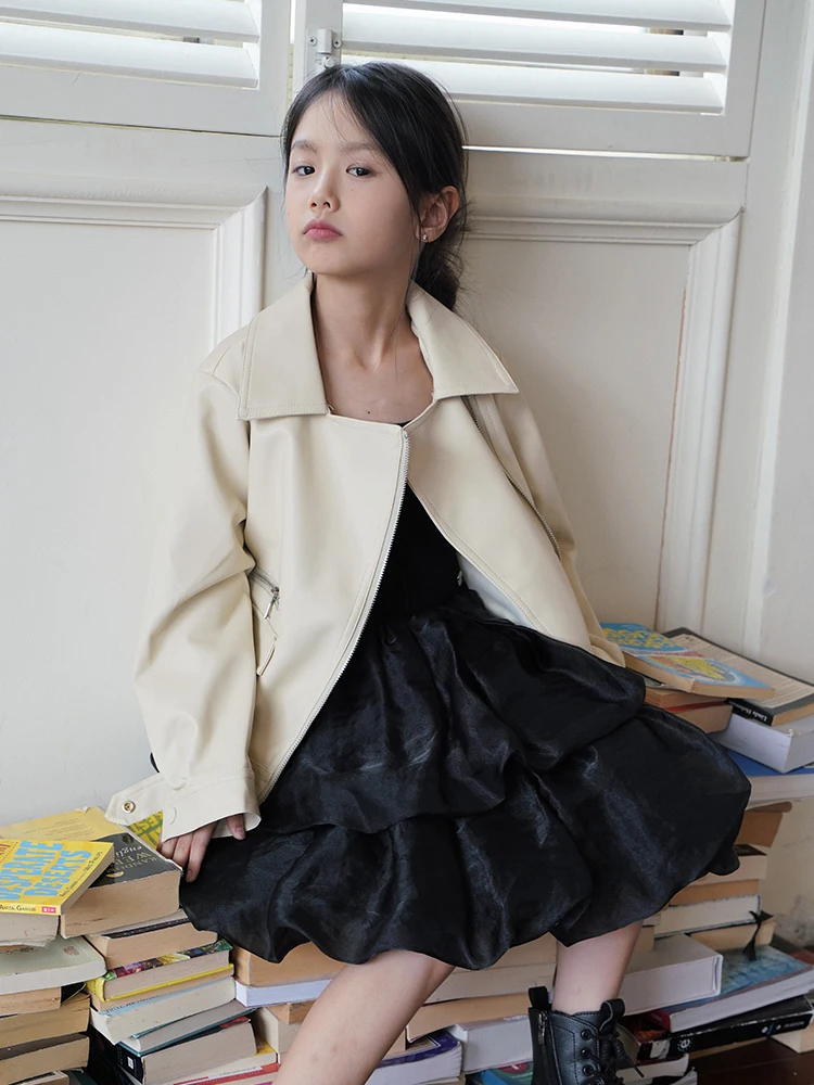 

Spring Autumn Girl Casual Faux Leather Jacket Children Zipper Motorcycle Outerwear Kids Fashion Cool Clothing Beige Pink XMP657