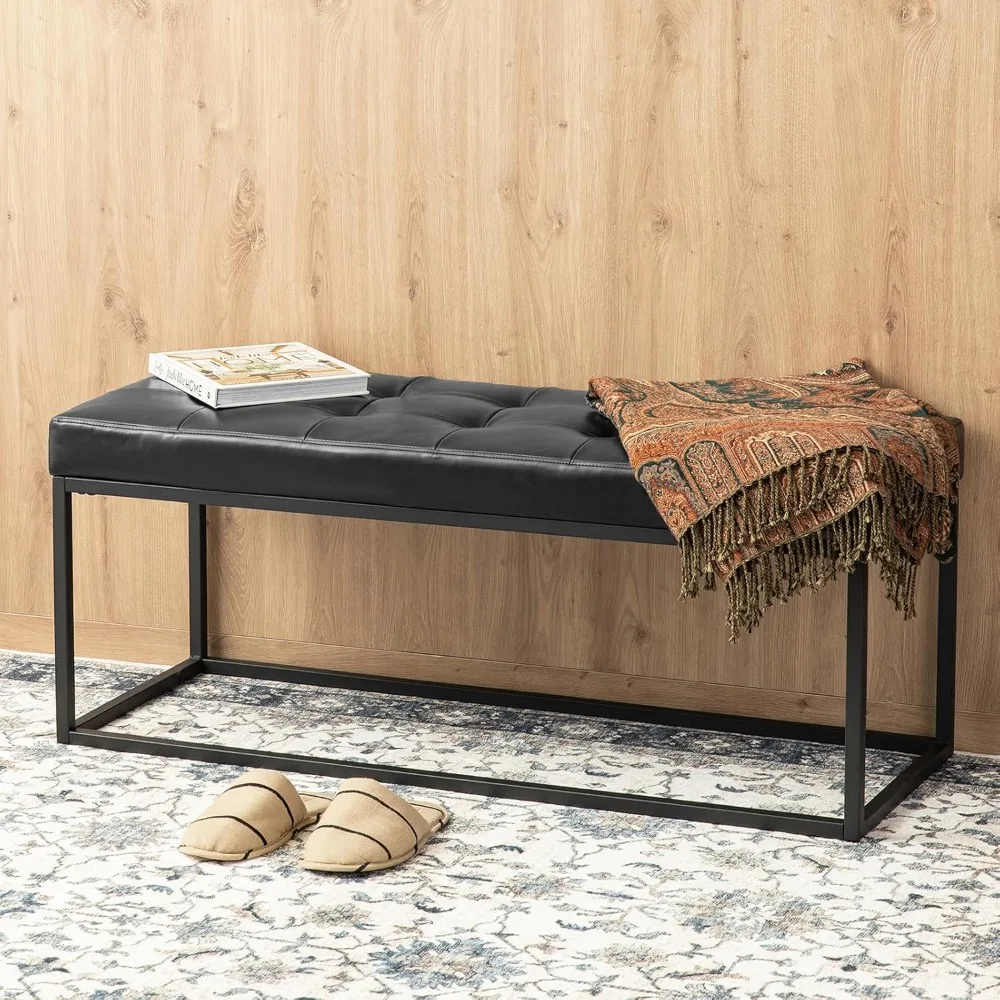 

48" Leather Ottoman Bench - Rubberwood Handle & Metal Legs for Bedroom, Dining & Living Room