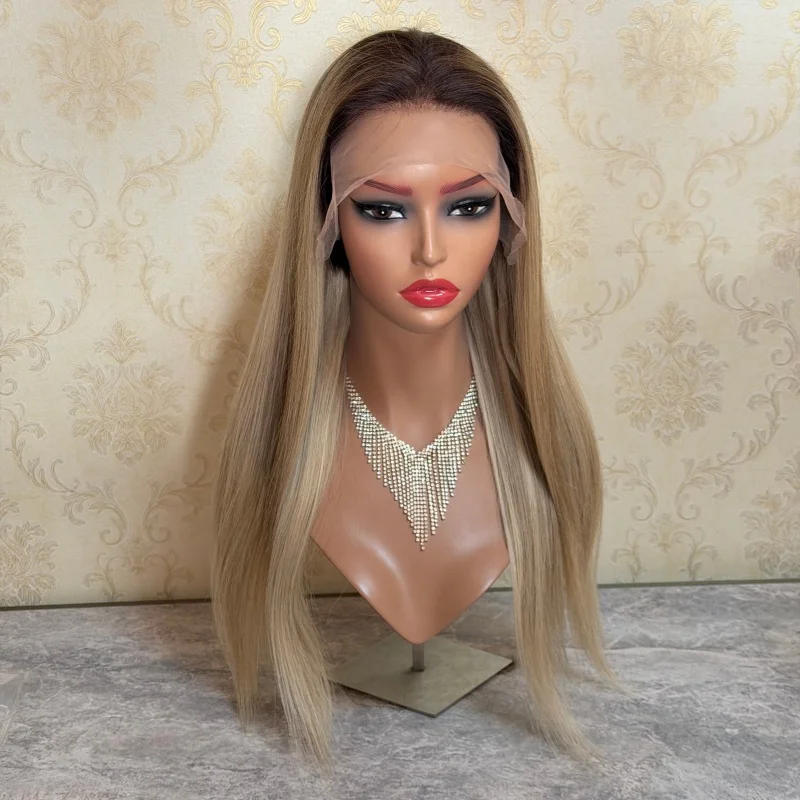 

Ombre Golden Blond Перуанские прямые 13x4 Парики из натуральных волос на кружеве для черно-белых женщин Предварительно выщипанные парики из 100% человеческих волос