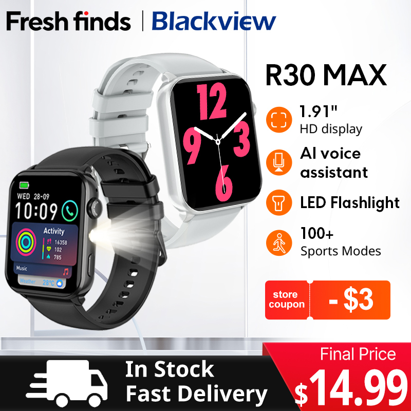  Blackview R30 Max Smartwatch 1.91" Bluetooth Phone Call Flashlight 350mAh Al Voice Assistant Sports watch 