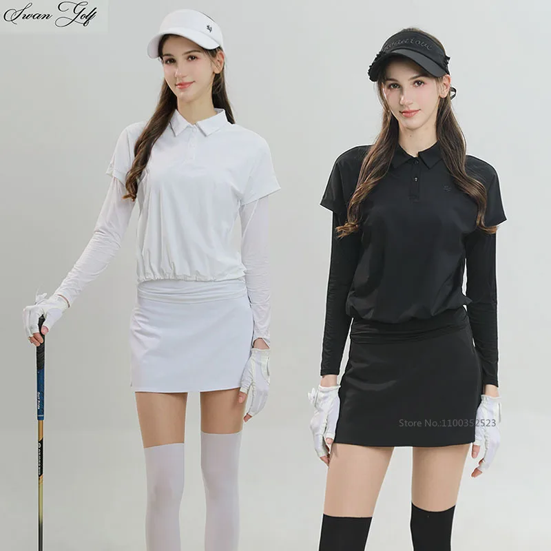SG 2026 New Golf Polo Shirt Women Sunscreen Long Sleeve Shirt Ice Silk Fake Two-piece Cooling Top Lady Golf Pencil Skirts