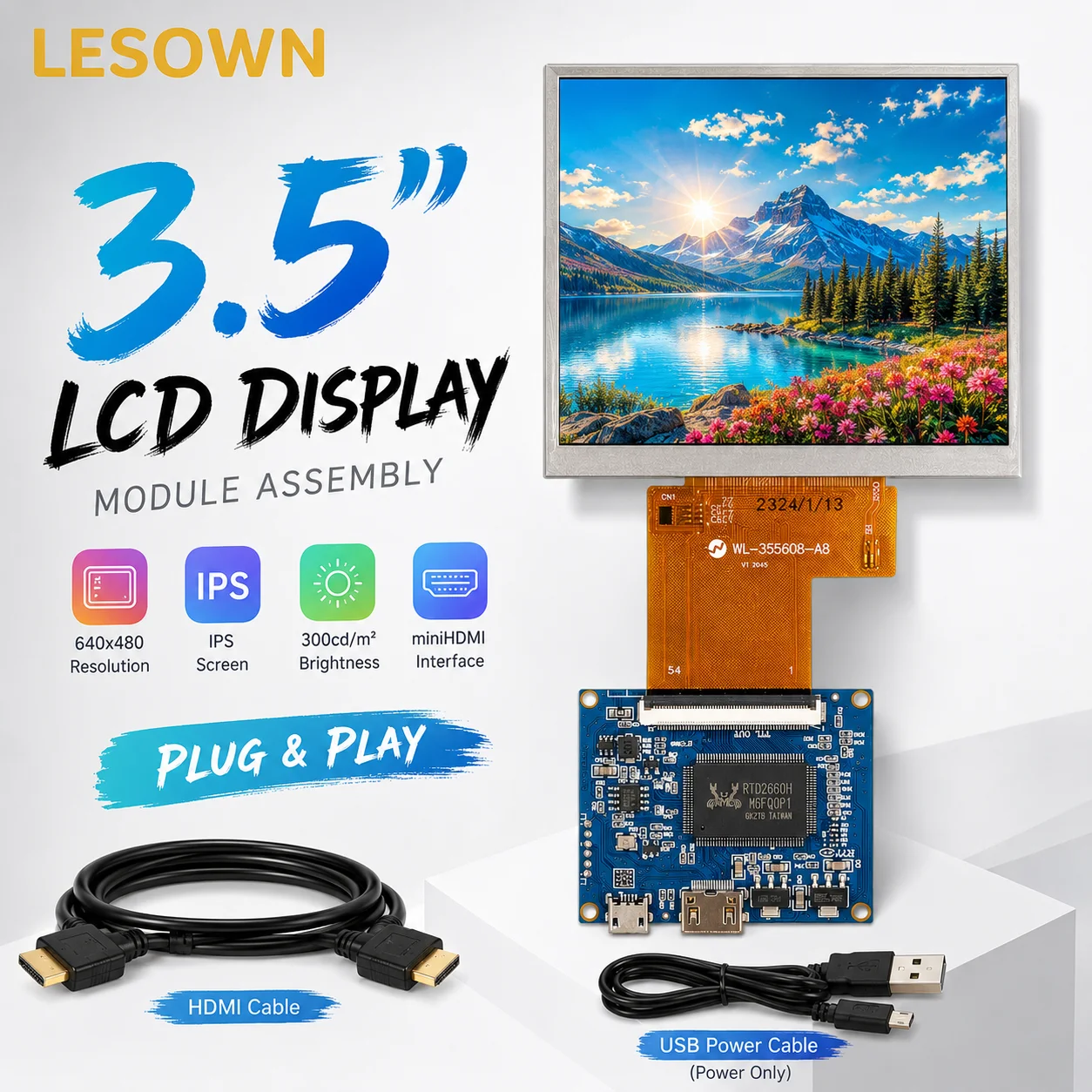 LESOWN 3.5" 640x480 LCD Screen PCB800850 Board miniHDTV Driver-Free 300nit Panel for PC Sub Display