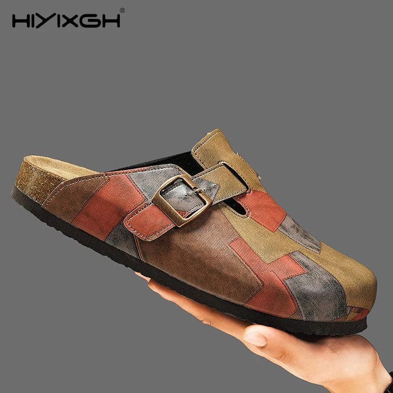 Unisex Cork Closed Toe Slippers Slip-on Clogs Slides Fashion Leather Sandals with Adjustable Buckle Backless Comfort Footbed