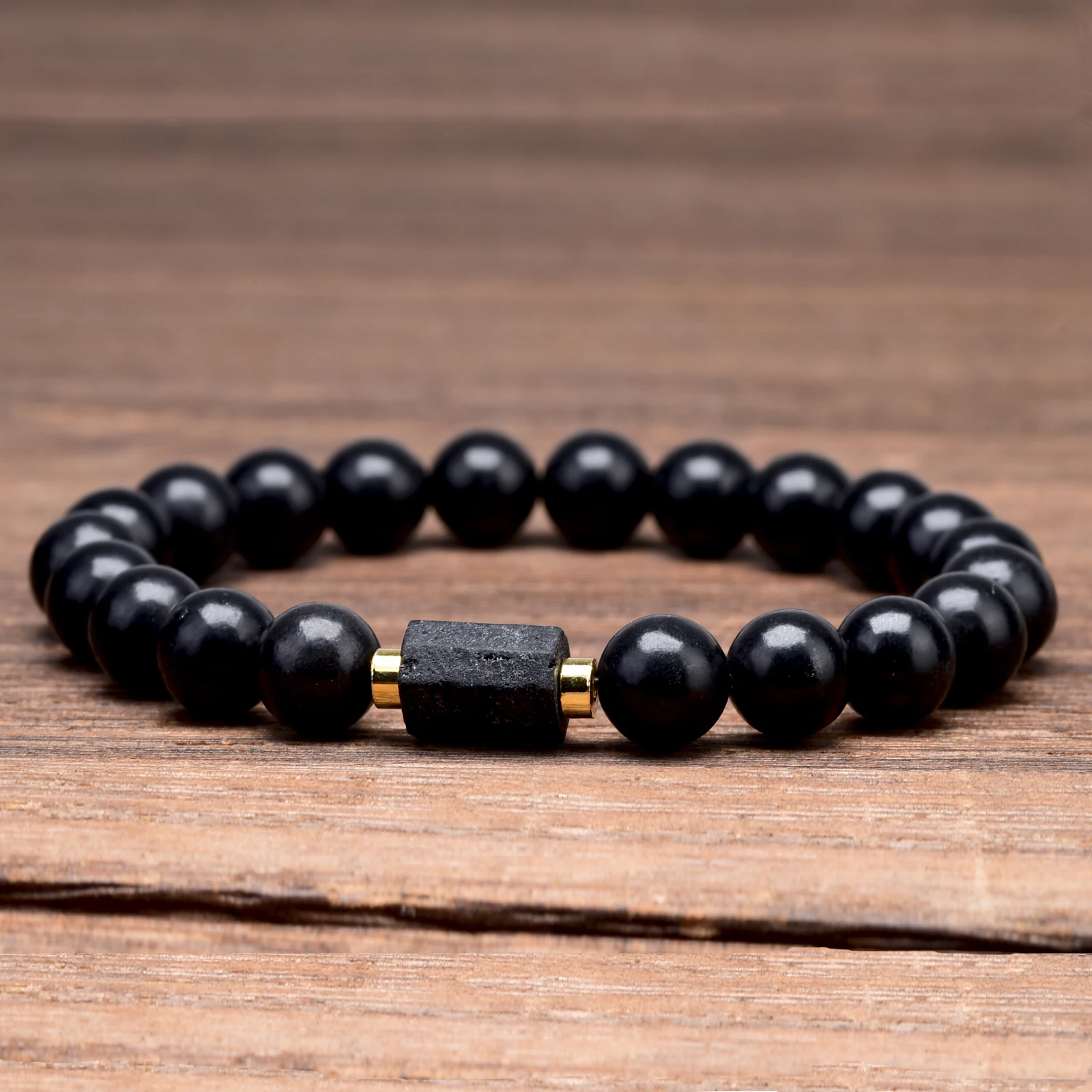 Pulseira masculina proteção energética natural shungite preto turmalina pedra frisada pulseiras banhado a cobre 18k ouro 8mm