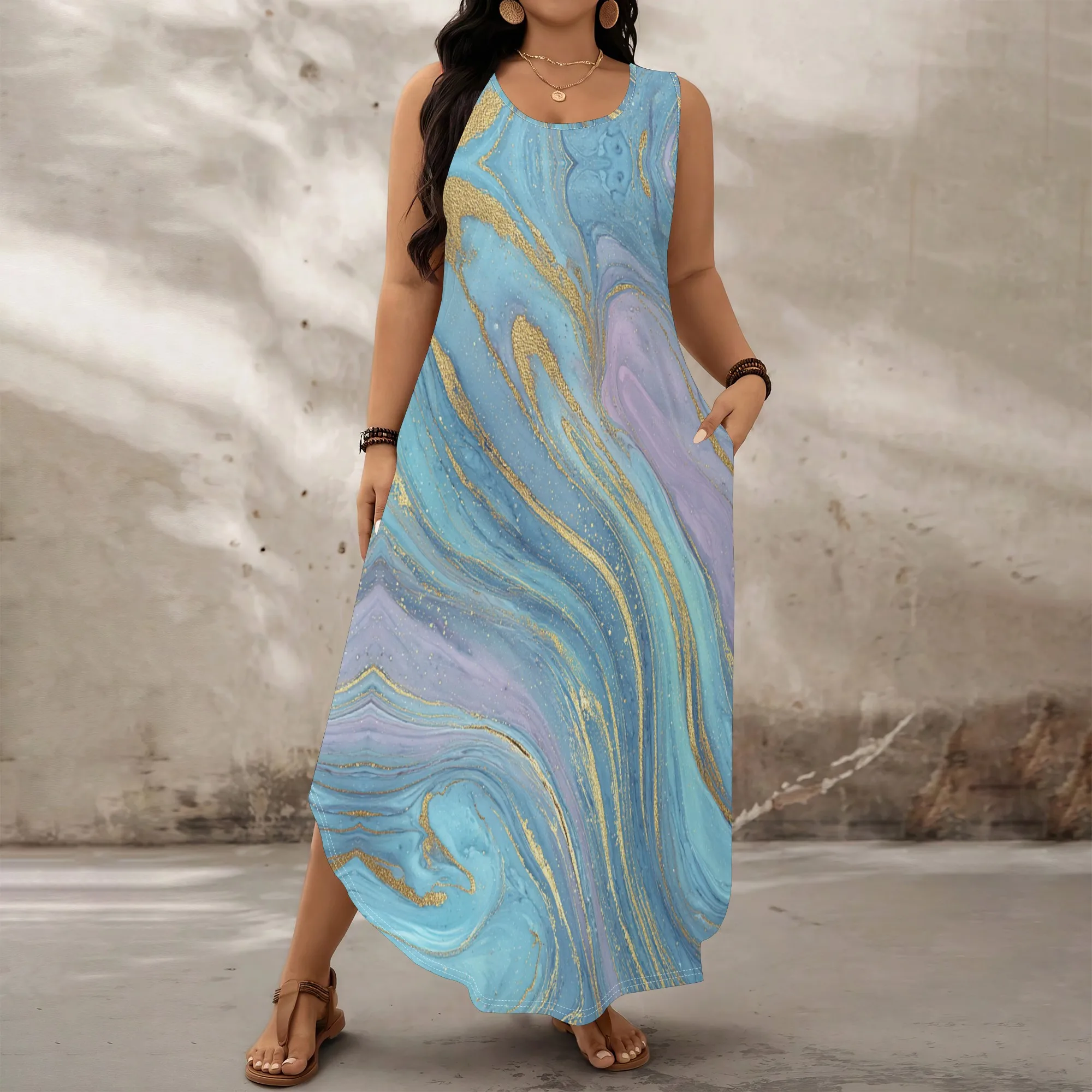 

XL-6XL Plus Size Artistic Marble Maxi Dress for Women 2025 Flow Print Sleeveless Blue Gold Summer Holiday Long Dress