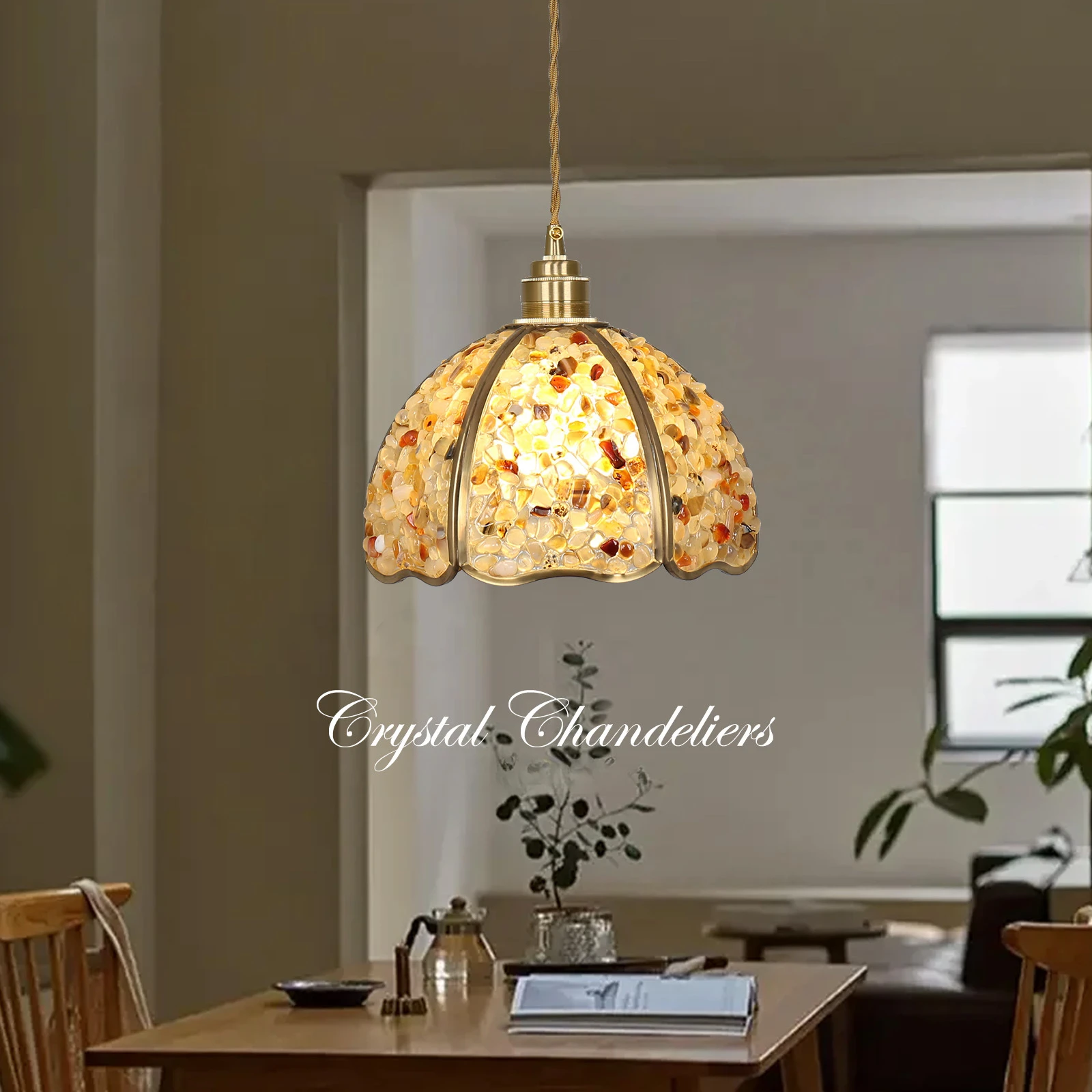 Luxury Copper E27 Pendant Lamp American Natural Crystal  LED Chandelier Modern Living Room Decor Colourful Suspend Lamps Fixture