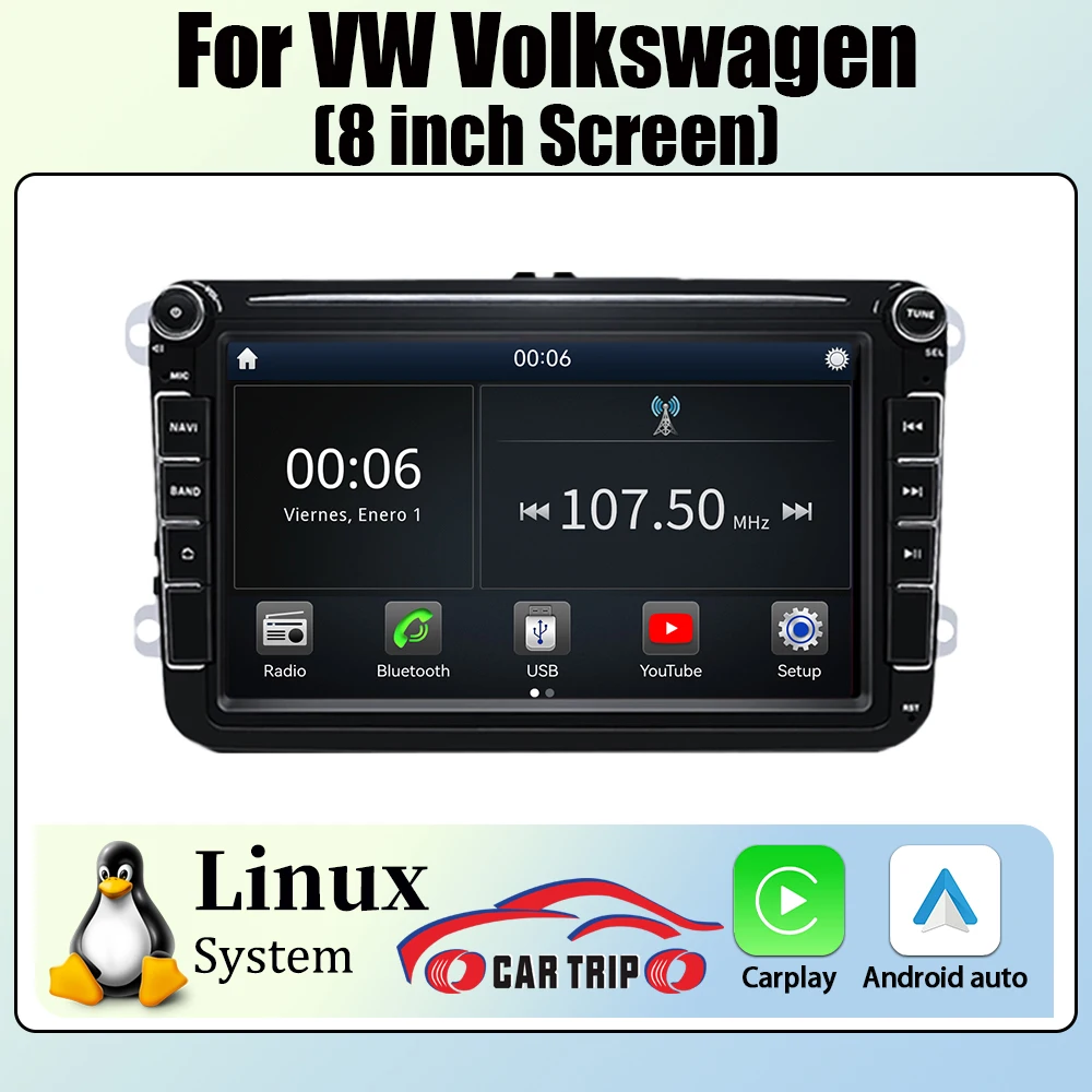 Reproductor Multimedia con Pantalla Táctil 2DIN de 8'' con Linux y Android Auto para VW Volkswagen Golf 5 6 Polo 6R Amarok con Carplay, GPS y Pantalla IPS