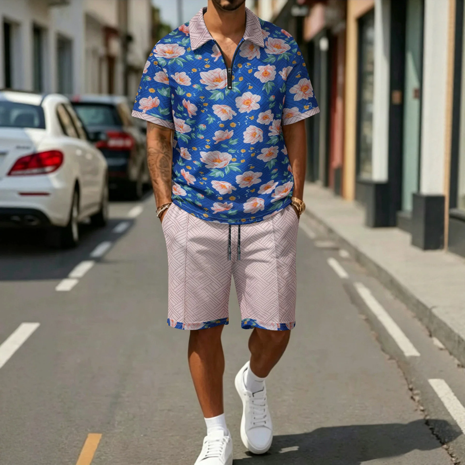 

Summer new men's breathable printed half-zip short-sleeved shirts and drawstring shorts are suitable for beach and streetwear.