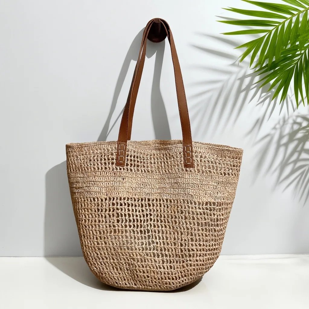 

Handmade Hollow Beach Bag Vacation Travel Straw Bags for Women Woven Shoulder Bag NEW Raffia Shopper Purses and Handbags Tote