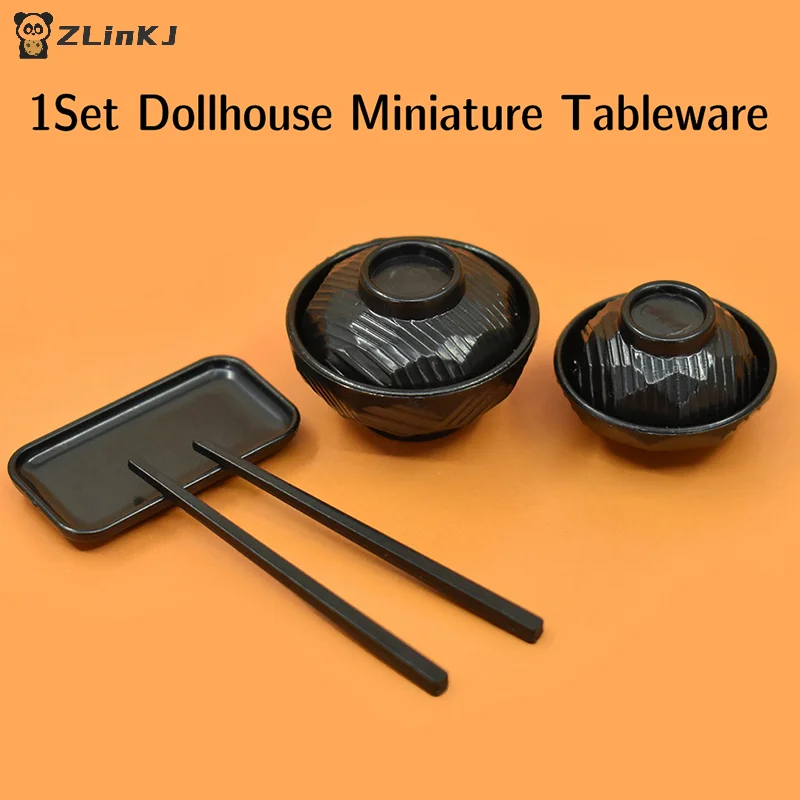 ▶1Set 1:6 Dollhouse Miniature Dinner Plate Bowl Chopsticks Tray Tableware Kitchen Model Decor Toy Doll House Accessories