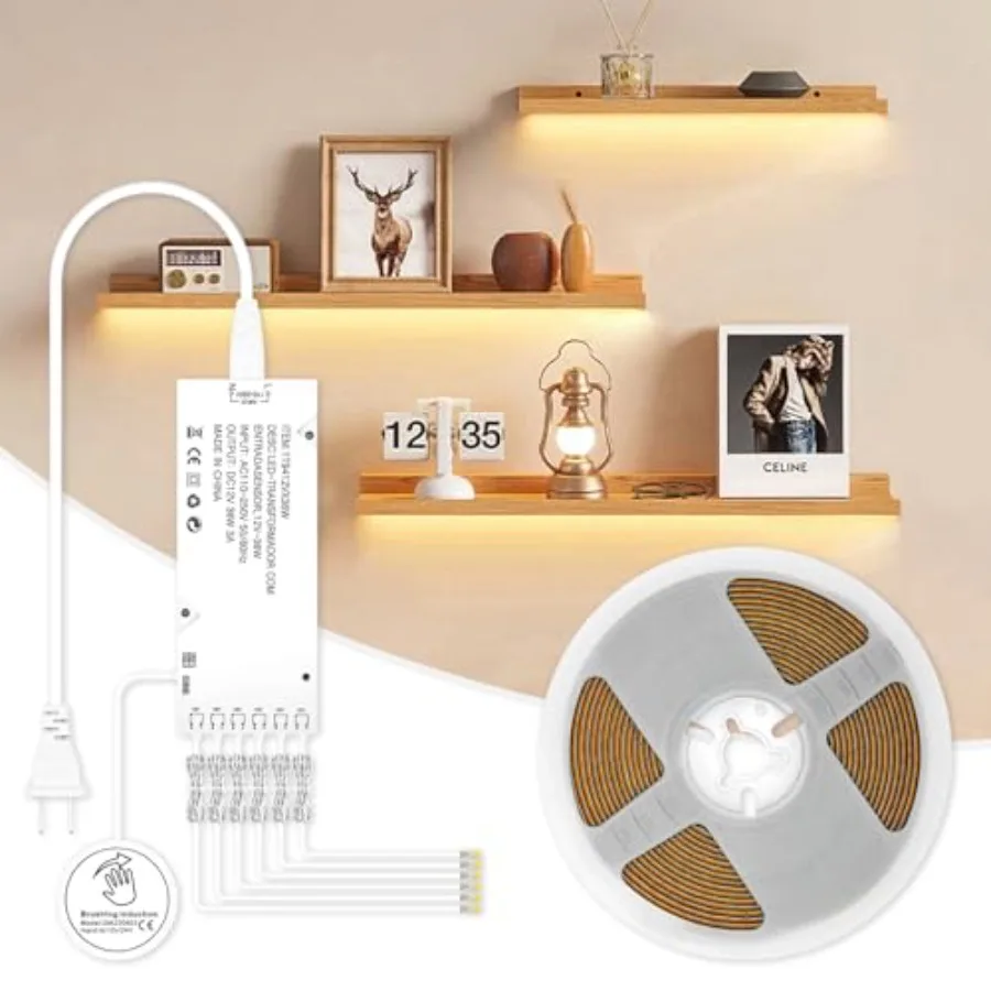 Under Cabinet COB Led Light Strip kit, 16.4ft/5m Cuttable 3000K, Diffused Power with 6 Outlets, Touch SwitchandDimmer Strip for