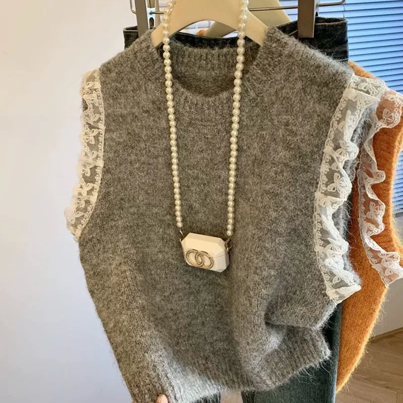 

Корейский стиль, кружевной лоскутный вязаный жилет, новинка 2024, весенне-осенний вязаный свитер без рукавов, милый женский универсальный короткий жилет