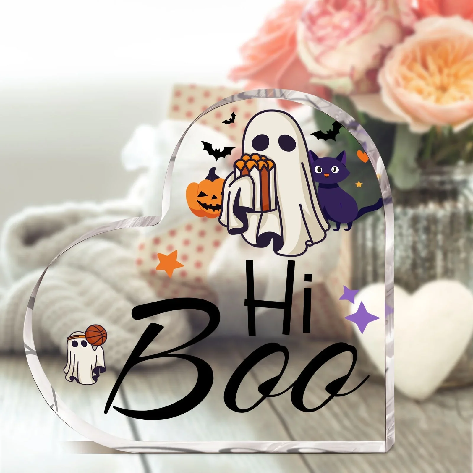 Friendly Ghost & Bat Heart‑Shaped Table Plaque, Fall Home Decoration,Hi Boo Basketball Ghost Clear Acrylic Heart Keepsake, Halloween Gift