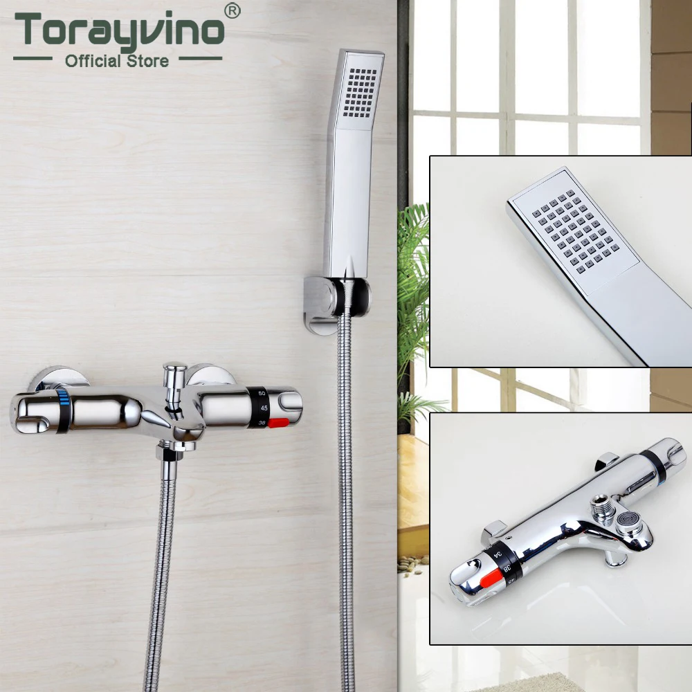 Torayvino Thermostatic Shower Set Wall Mounted Chrome Bath Faucet With Handheld Shower Head Temperature Control Bathroom Tap Kit