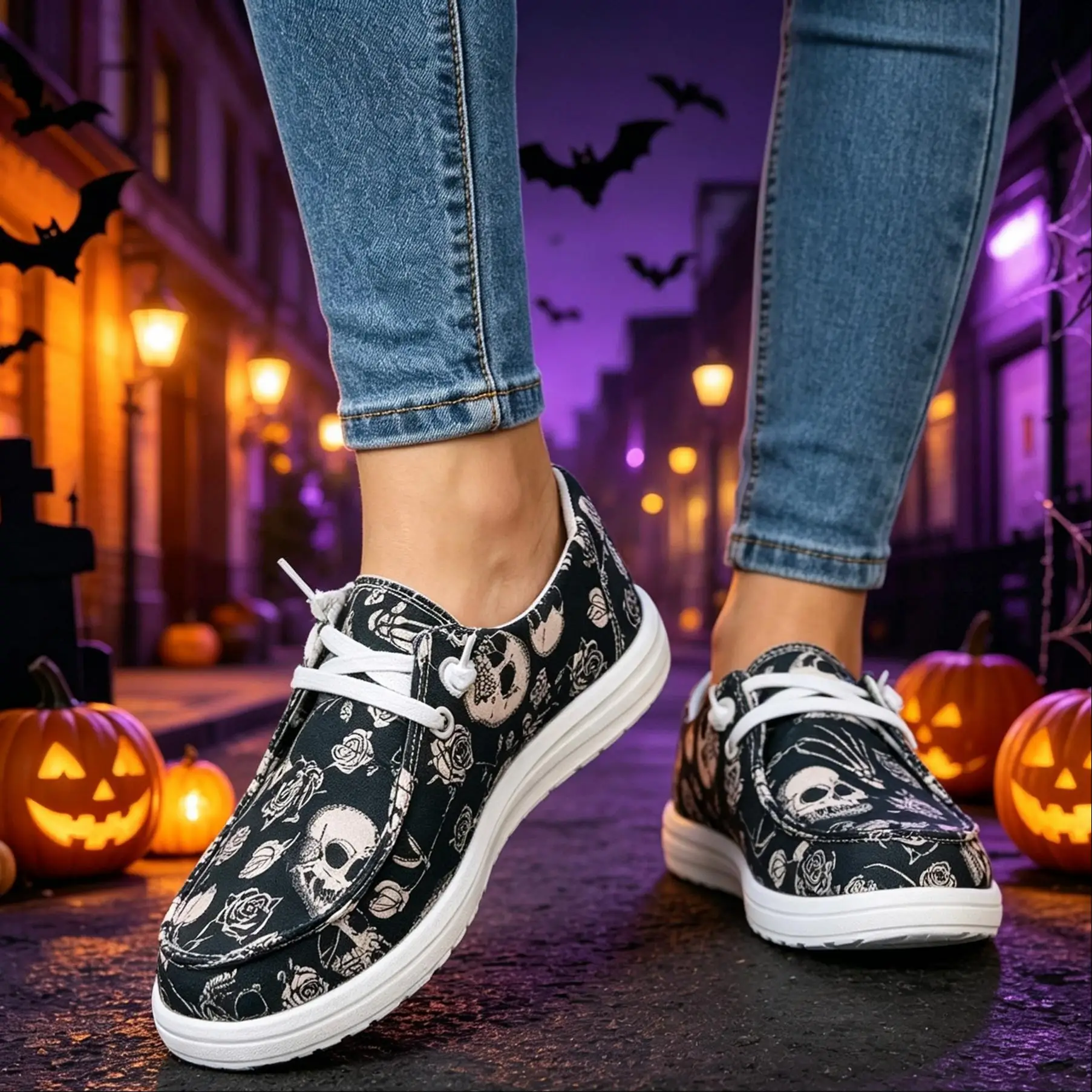 Women Halloween Skull Rose Floral Printed Canvas Sneakers Elastic No‑tie Lace‑up Flat Casual Shoes Ladies Lightweight Soft‑Sole Lazy Daily Walking Holiday Fashion Female Footwear