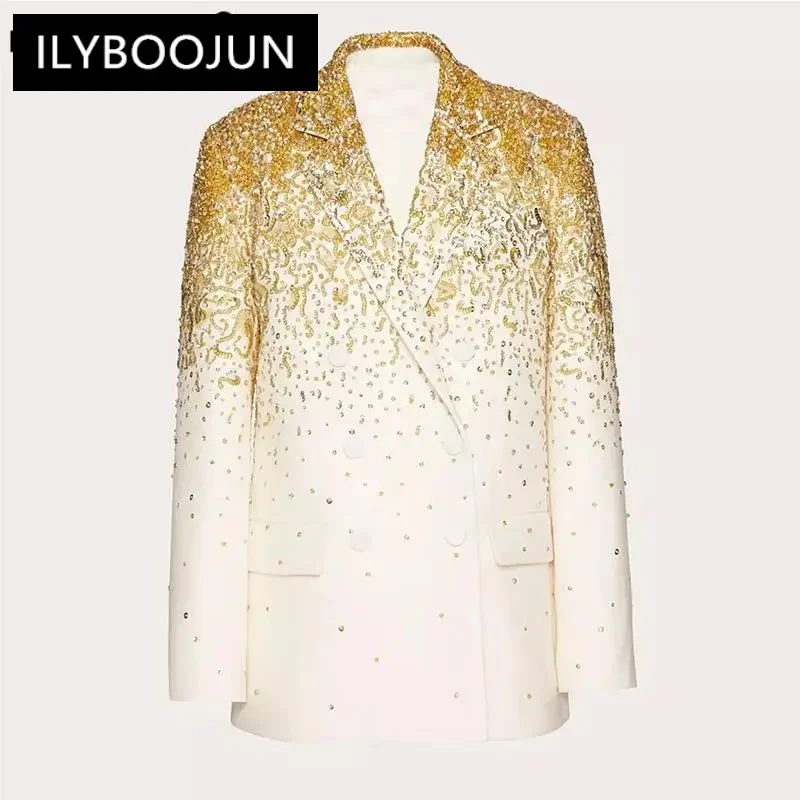 

Fashion Designed Lady Fall Autumn Fine Workmanship Gradient Sequins Beading Coat Women Long Sleeve Double-breasted Blazer