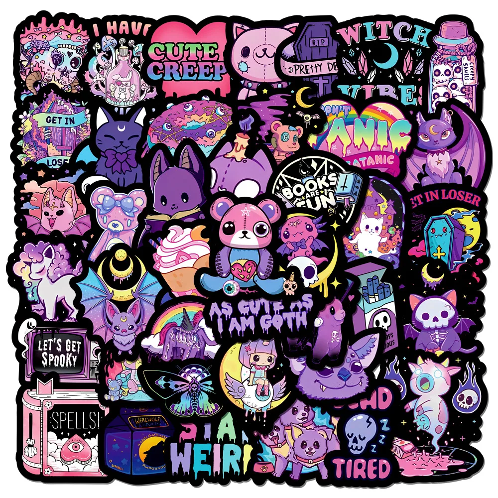 50Pcs Horror Gothic Skull Purple Stickers Cartoon Waterproof Graffiti DIY Laptop Phone Notebook Skateboard Decals Kids Toy