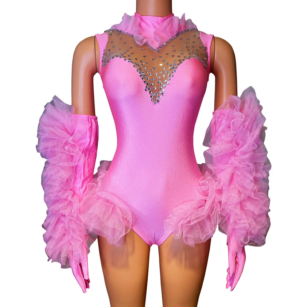 Drag Queen Costume Women Dance Team Sexy Performance Stage Wear Pink Yellow Bodysuit With Long Gloves Carnival Show Rave Outfits