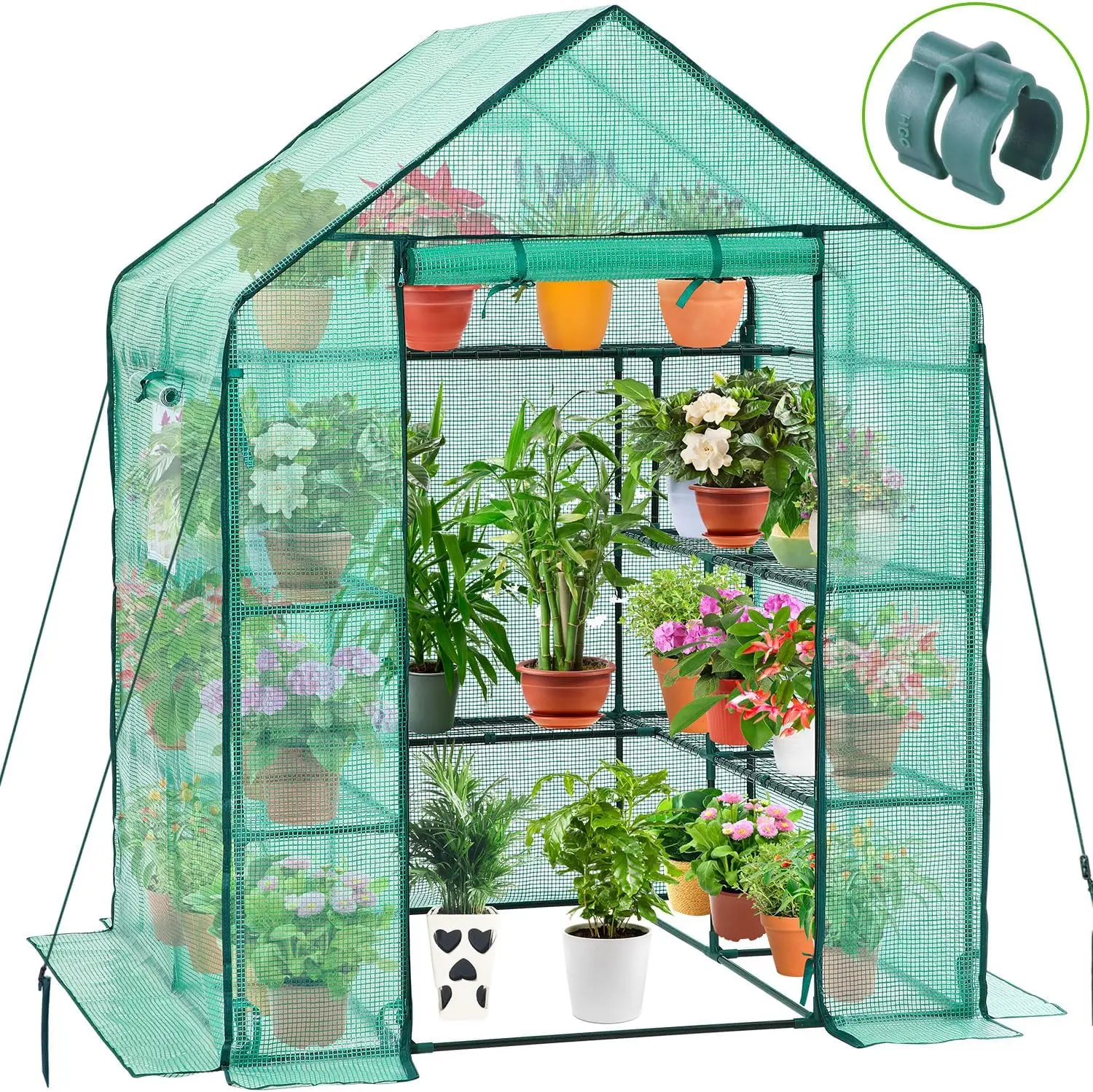 Greenhouse for Outdoors with Screen Windows, Upgraded 4 Tiers 11 Shelves Walk-in Greenhouses with Durable PE Cover, Outside Garden Plastic Green House with Ground Pegs & Ropes for Stability