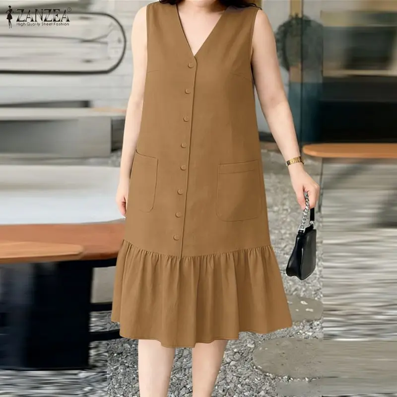 

2026 ZANZEA Summer Elegant V Neck Sleeveless Dress Stylish Women Sundress Solid Ruffled Work Midi Dresses Casual Holiday Vestido