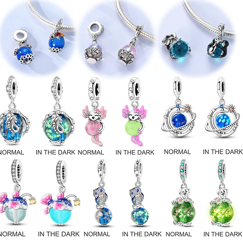 925 Sterling Silver Charms Beads Lamp Fish Planet Color Change Series Pendants Fit Bracelet Pendant DIY Jewelry Gift For Women