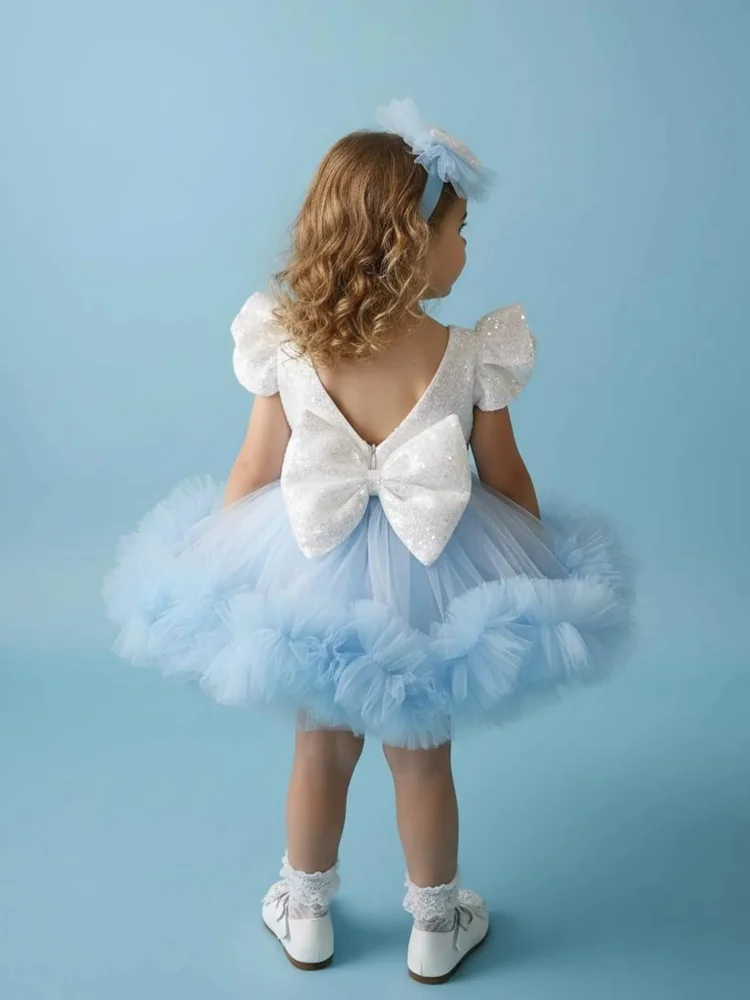 Sweet Light Blue‑White Sequin Tutu Flower Girl Dress Ruffle Fly Sleeve Oversized Bow Cloud Fluffy Baby Birthday Photoshoot Party