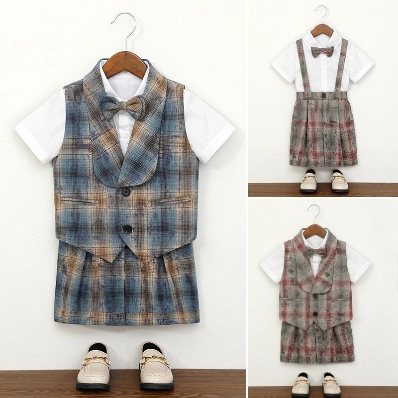 Summer Toddler Boys Wedding Plaid Suit Set Kids Gentleman Outfit for Birthday Party Short Sleeve Shirt Vest Shorts Bowtie 2-12 Y