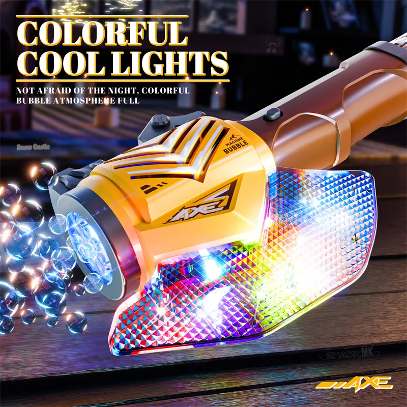 Macchina per bolle portatile Completamente automatica Ascia Illuminazione Creatore di bolle di sapone Soffiatore per bolle per feste all'aperto Regalo di compleanno per ragazzi