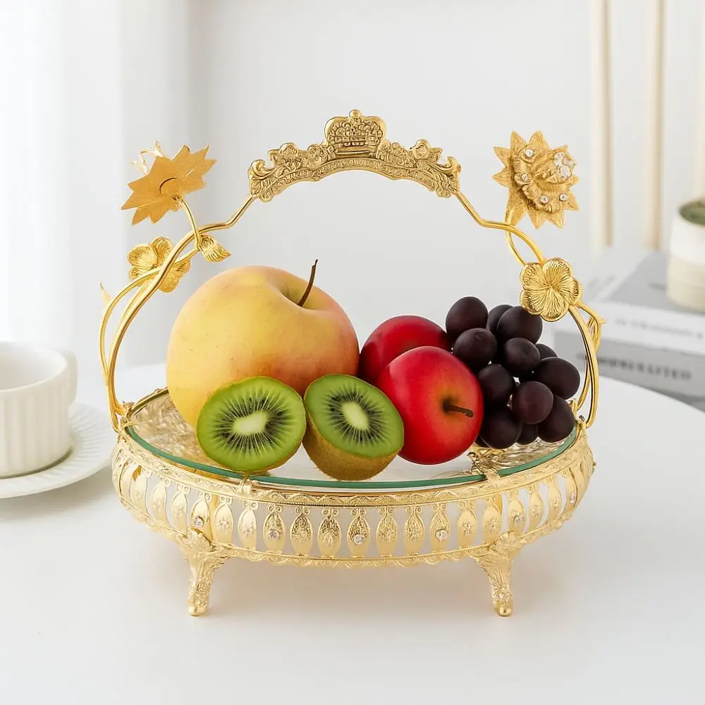 

Portable Handle Metal Fruit Plate European Style Light Luxury Retro Storage Basket Golden Glass Storage Bowl