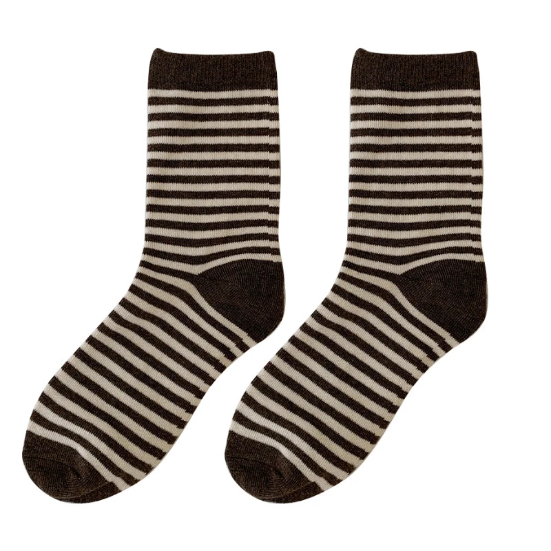 

LKWDer Brand 4 Pairs Daily Basic Classic Stripes Beige Coffee Black Dark Grey 4 Season Combed Cotton Soft Women Socks Set