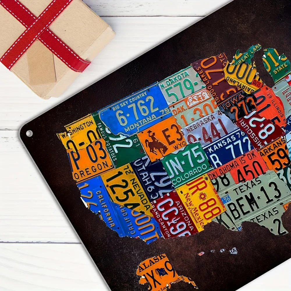 Vintage Route 66 Metal Sign: USA Map License Plate Design - 8x12 Inch Wall Decor for Garage & Bar