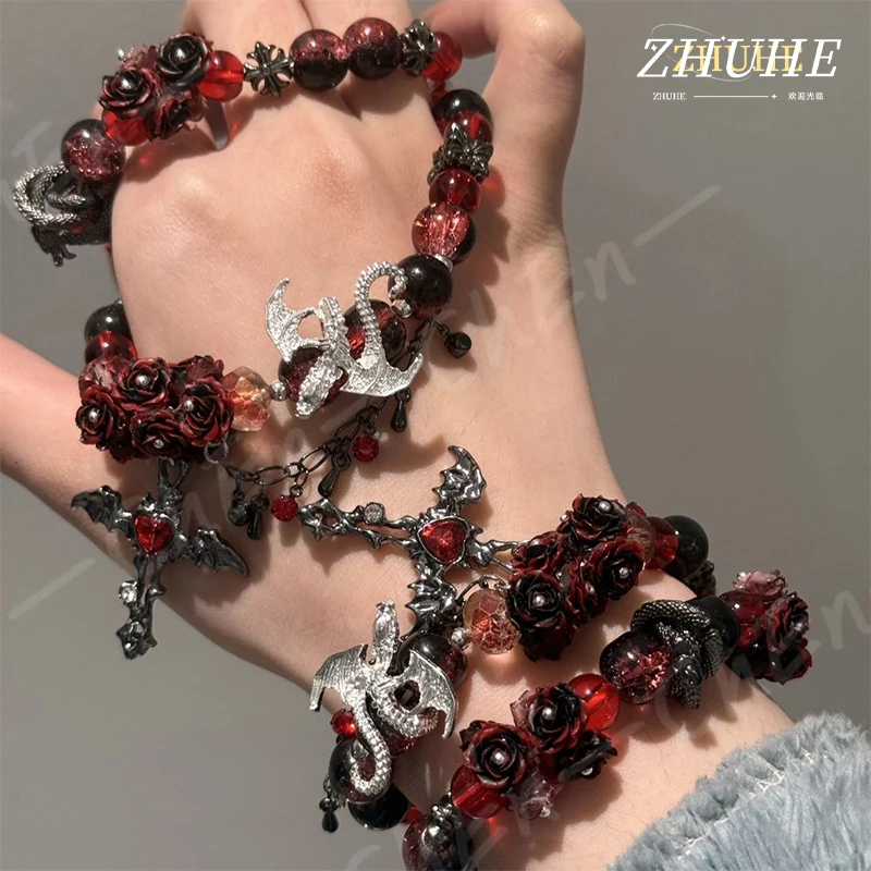 

Gothic Dragon Rose Beaded Bracelet, Vintage Red Flower Cross Charm Wrist Chain, Punk Dark Style Copper Material Jewelry Accessor