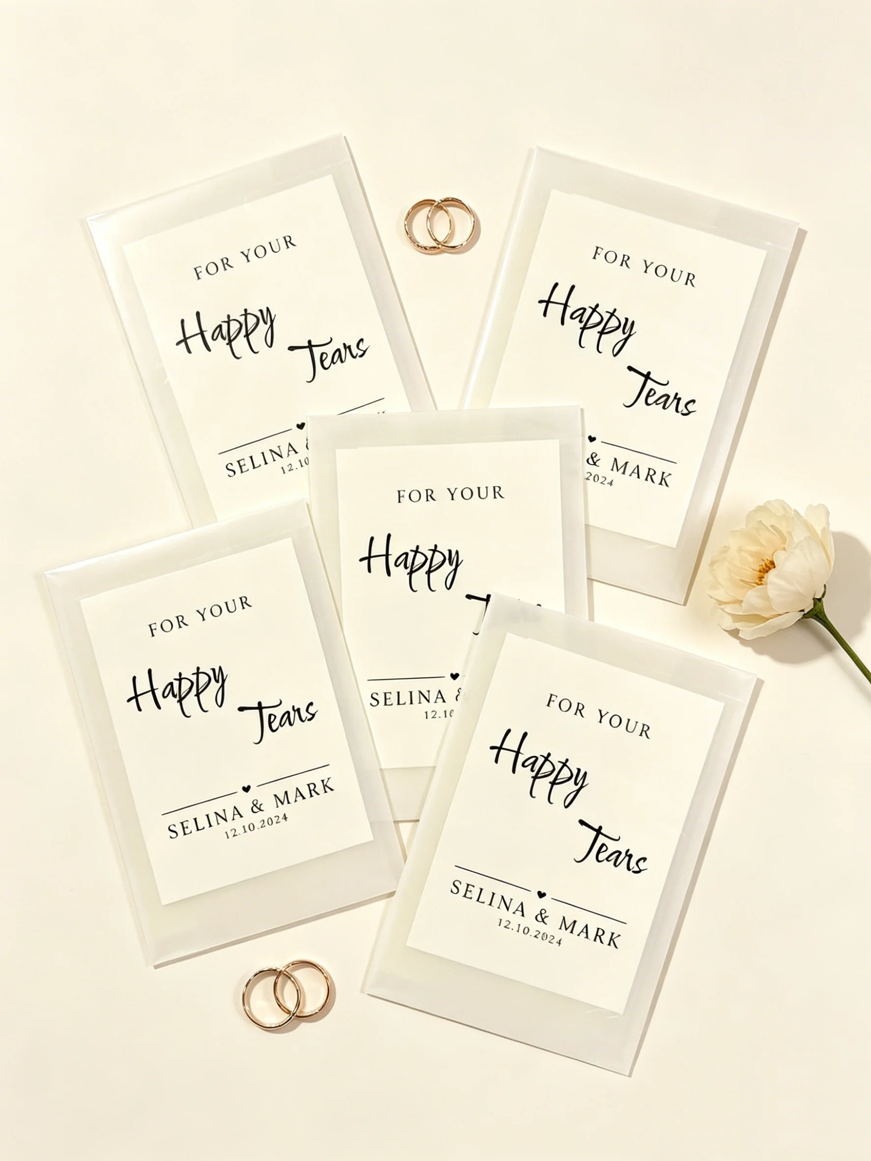 

Personalized Happy Tears Wedding Tissue Packs | Bulk Custom Printed Tissue Favors, Eco-Friendly Glassine Bags