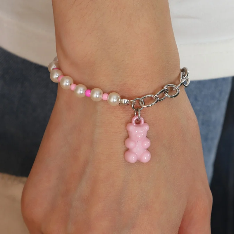 1Pc Fashion Colorful Jelly Bear Bracelet – Hip Hop Pearl Splice Chain Bangle, Cute Punk Streetwear Jewelry Gift.