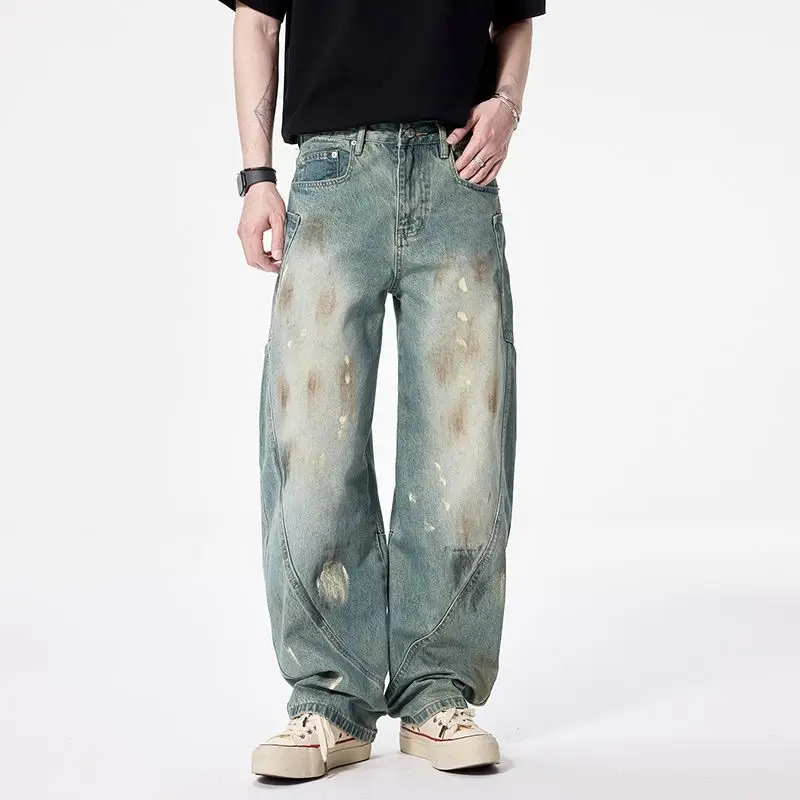 

American retro washed distressed graffiti jeans loose casual wide leg straight leg pants baggy jeans for men clothing