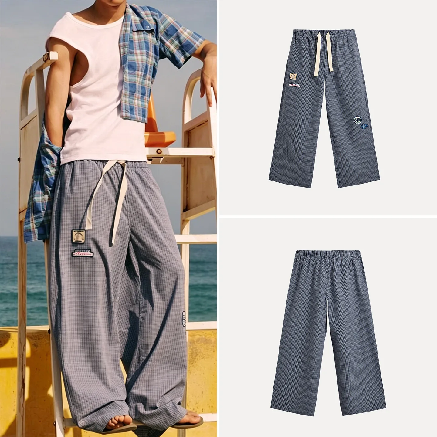 Men's Fashion Patchwork Loose Fit Plaid Pants 2026 Summer Style Casual Straight Leg Trousers for Men ZADATA Brand
