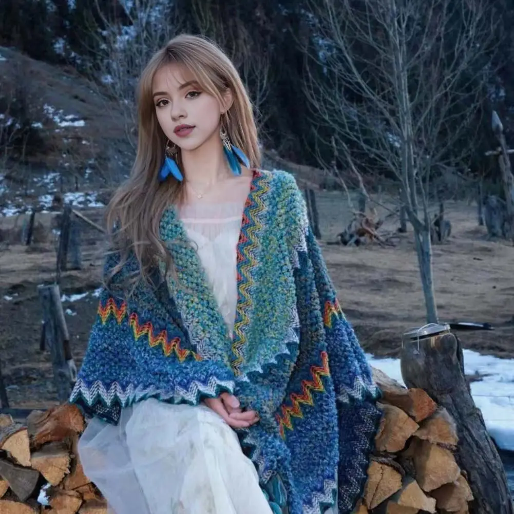 

Shawl Evening Wear Accessory Ethnic Style Patchwork Color Cloak with Fridge Decor Draping Shawl for Women Knitting Shawl