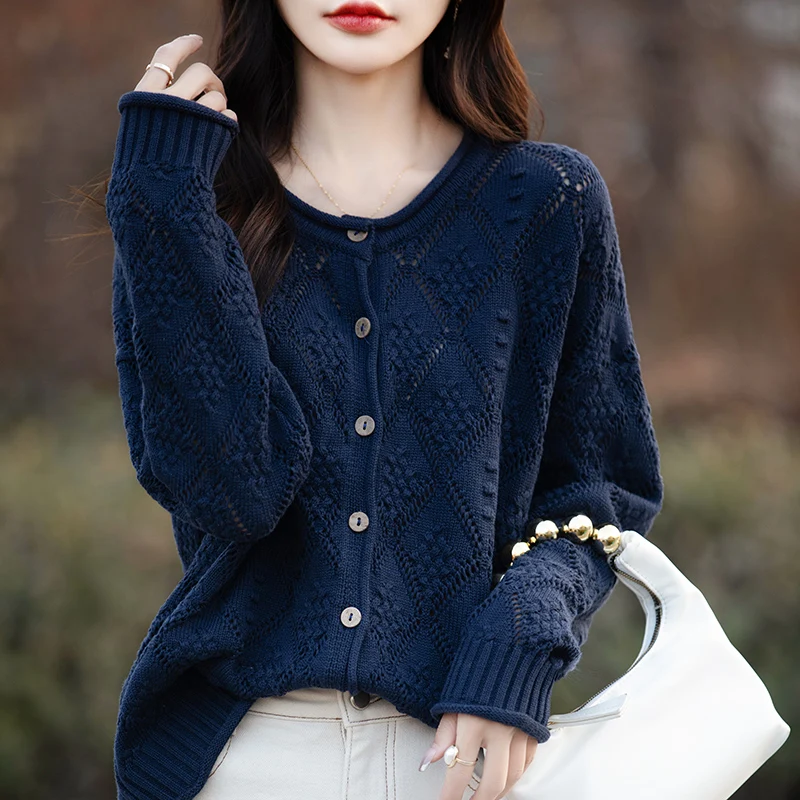 Women's Cardigan Spring/Autumn 100% Cotton Knitwear Casual Ladies' Tops Single-breasted Sweater Jacket Round Neck Hollow Blouse